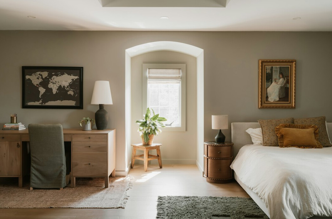 Elegant boutique office interior with linen and oak furnishings